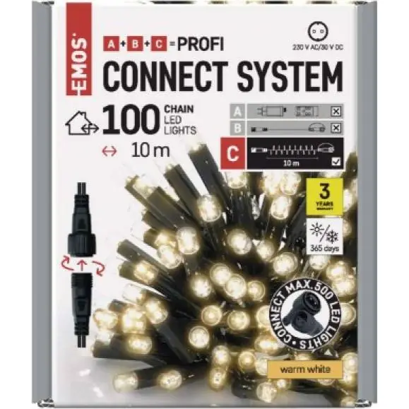 D2AW03 Profi LED spojovací řetěz černý, 10 m, venkovní i vnitřní, teplá bílá, časovač EMOS Lighting