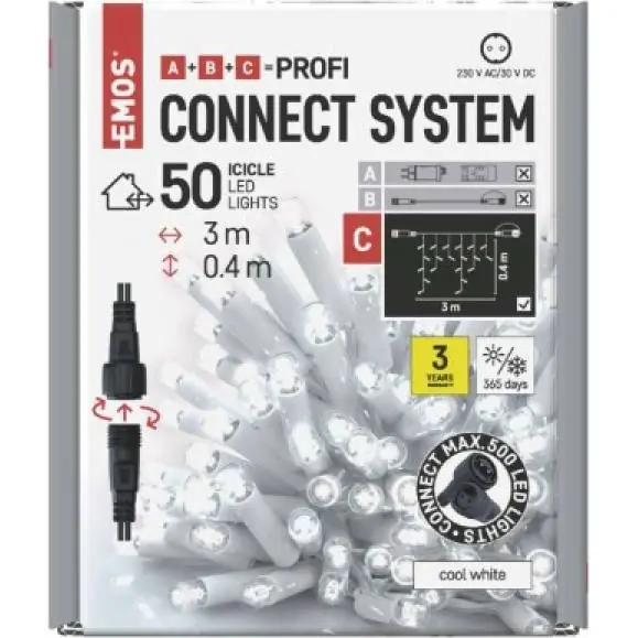 D2CC02 Profi LED spojovací řetěz bílý – rampouchy, 3 m, venkovní, studená bílá, časovač EMOS Lighting