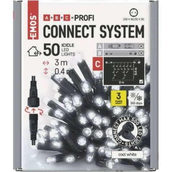 D2CC01 Profi LED spojovací řetěz černý – rampouchy, 3 m, venkovní, studená bílá, časovač EMOS Lighting