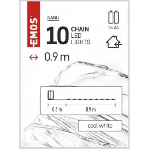 D3AC06 LED vánoční nano řetěz stříbrný, 0,9 m, 2x AA, vnitřní, studená bílá, časovač EMOS Lighting