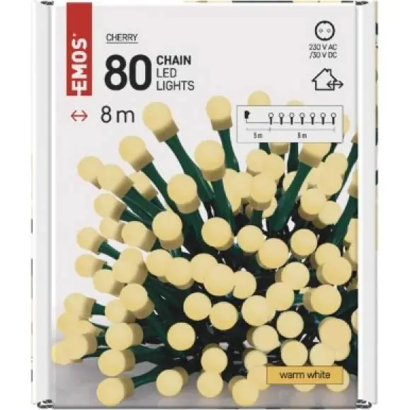 D5AW02 LED vánoční cherry řetěz – kuličky, 8 m, venkovní i vnitřní, teplá bílá, časovač EMOS Lighting